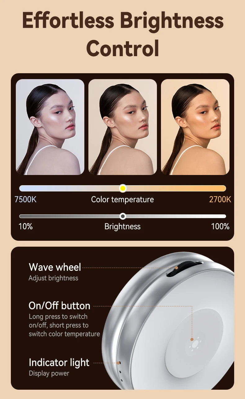 TELESIN Magnetic Fill Light Mini Selfie Light 3-Mode Adjustable Brightness Compatible iPhone X for Xiaomi for Huawei for Samsung