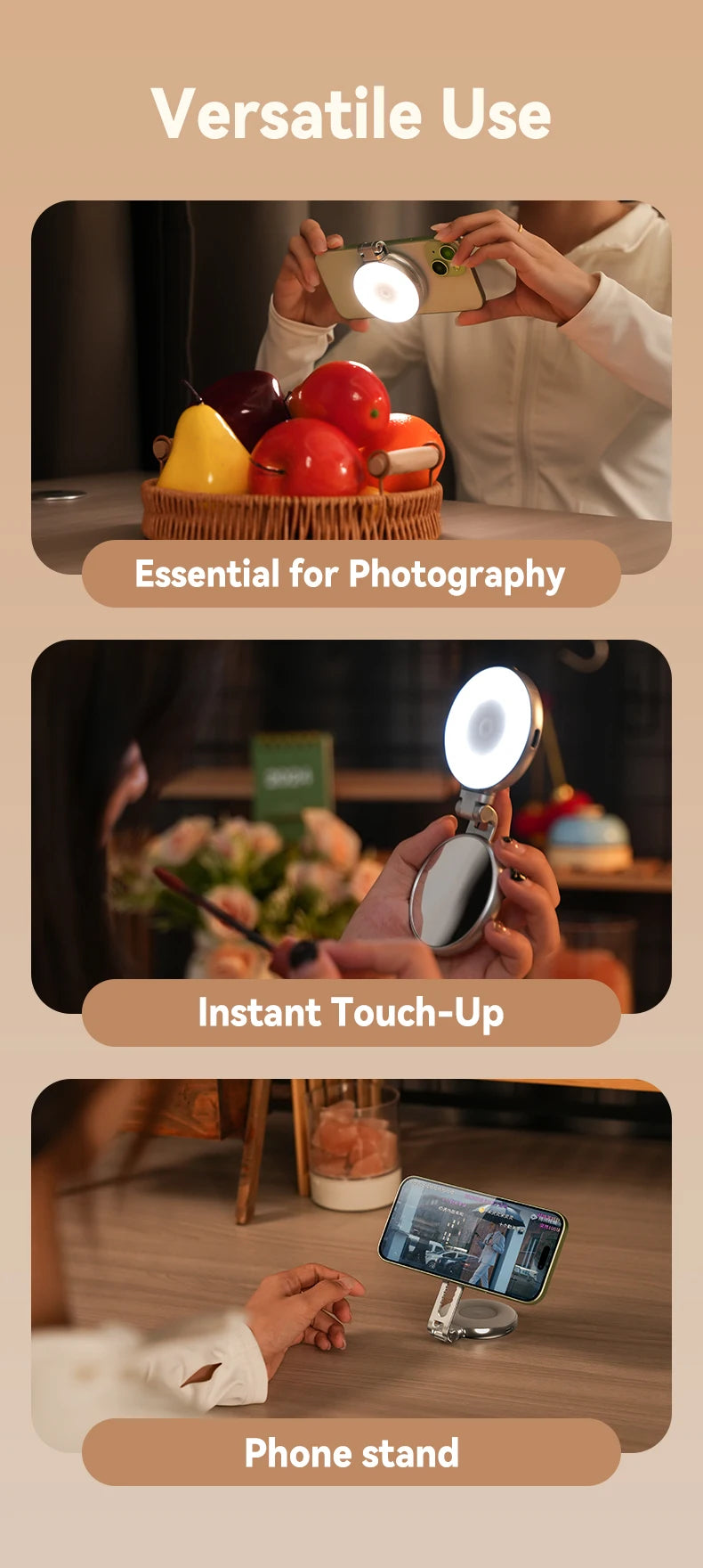 TELESIN Magnetic Fill Light Mini Selfie Light 3-Mode Adjustable Brightness Compatible iPhone X for Xiaomi for Huawei for Samsung