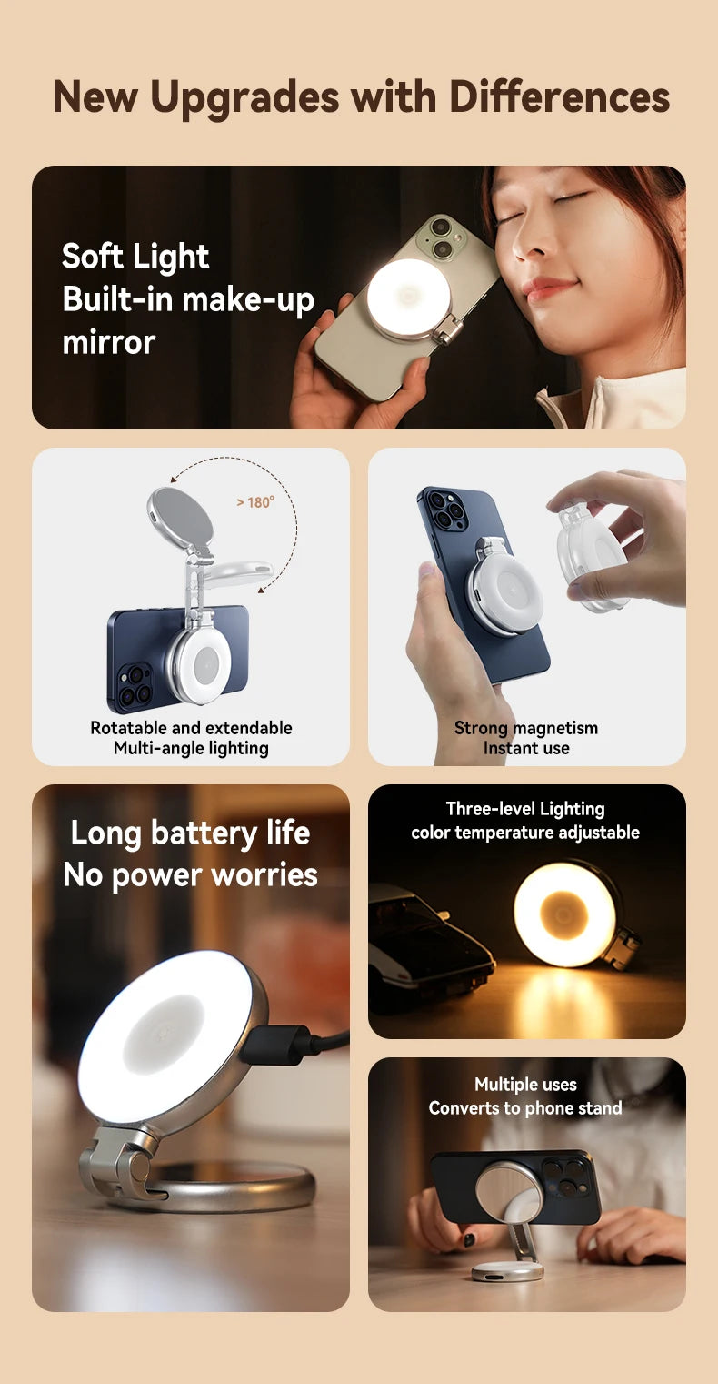 TELESIN Magnetic Fill Light Mini Selfie Light 3-Mode Adjustable Brightness Compatible iPhone X for Xiaomi for Huawei for Samsung