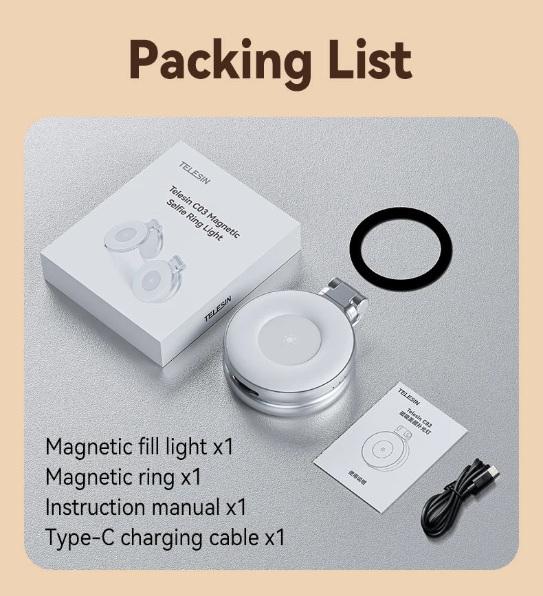 TELESIN Magnetic Fill Light Mini Selfie Light 3-Mode Adjustable Brightness Compatible iPhone X for Xiaomi for Huawei for Samsung