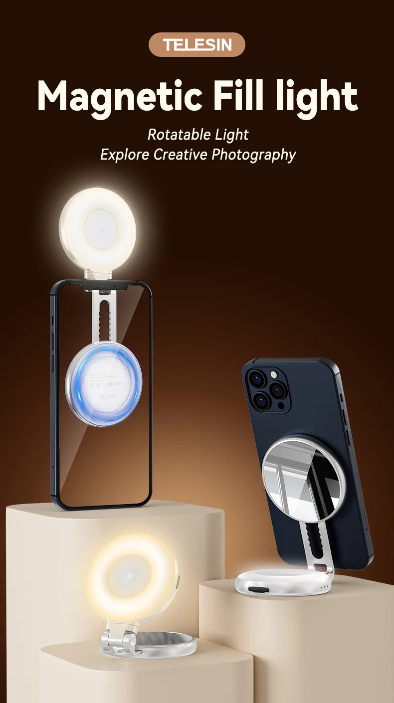 TELESIN Magnetic Fill Light Mini Selfie Light 3-Mode Adjustable Brightness Compatible iPhone X for Xiaomi for Huawei for Samsung